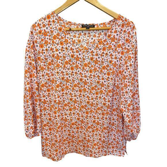 Mario Serrani Women's Orange & Pink Cherry Blossom Floral Blouse V-Neck, Medium - Picture 1 of 9